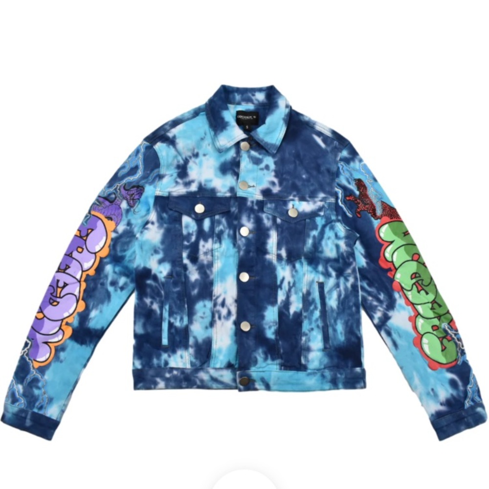 Cooper 9 Los Angeles tie dye denim jacket button up w/ graffiti sleeve design S